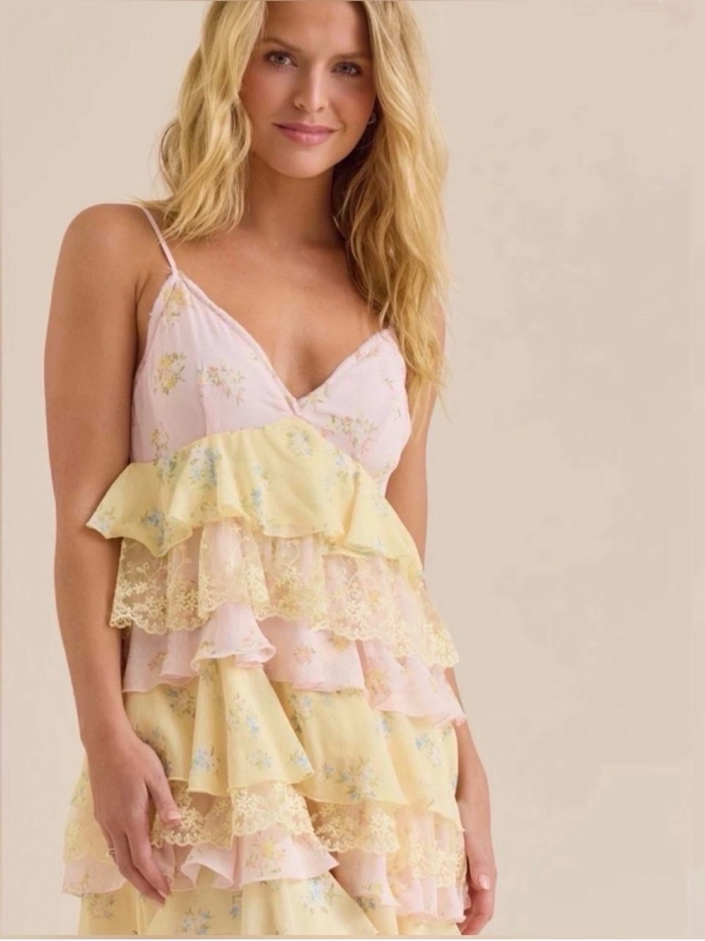 Altar'd State Pink and Yellow Floral Ruffle Sundress Lelani